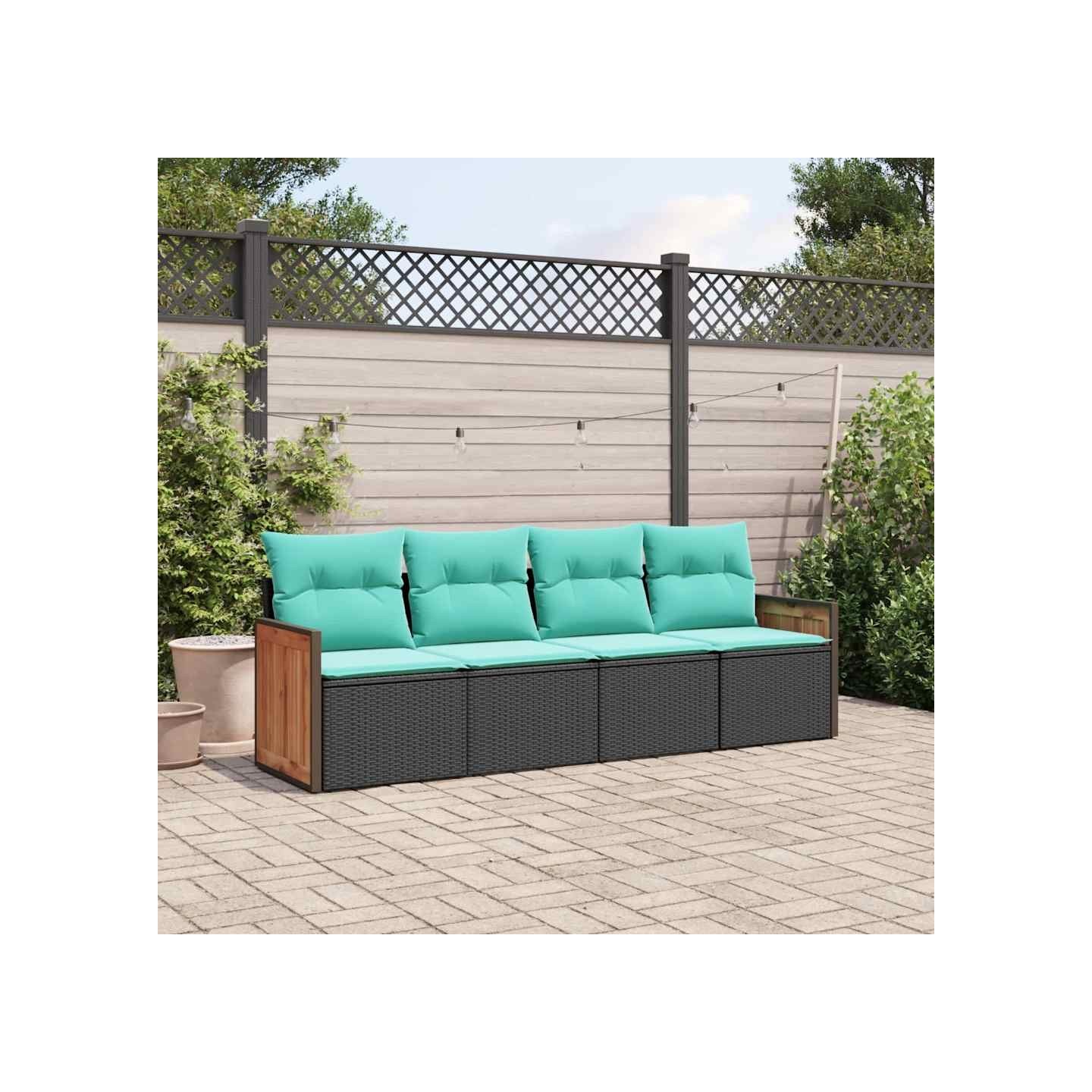 Salon de jardin 4 pcs avec coussins noir résine tressée