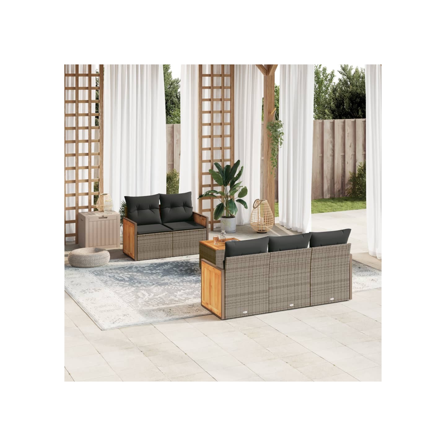 Salon de jardin 6 pcs avec coussins gris résine tressée