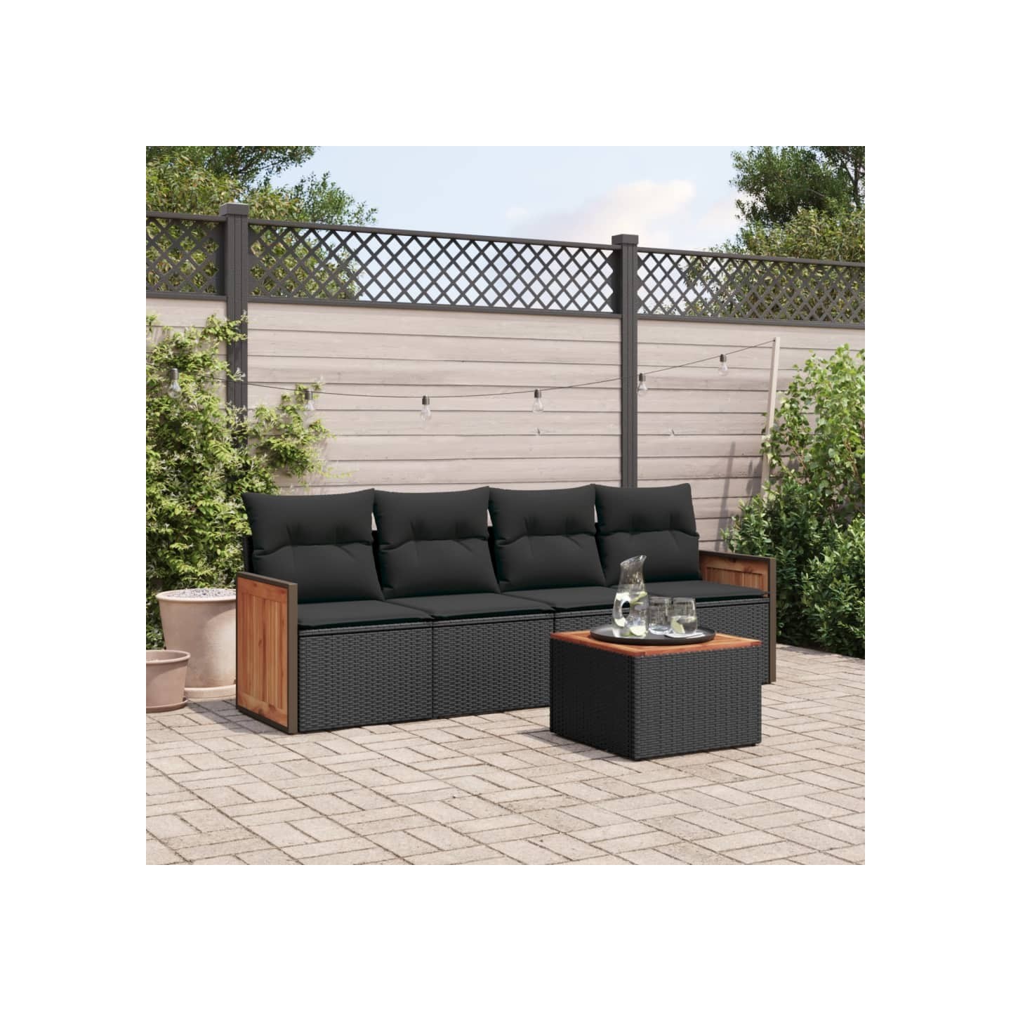Salon de jardin 5 pcs avec coussins noir résine tressée