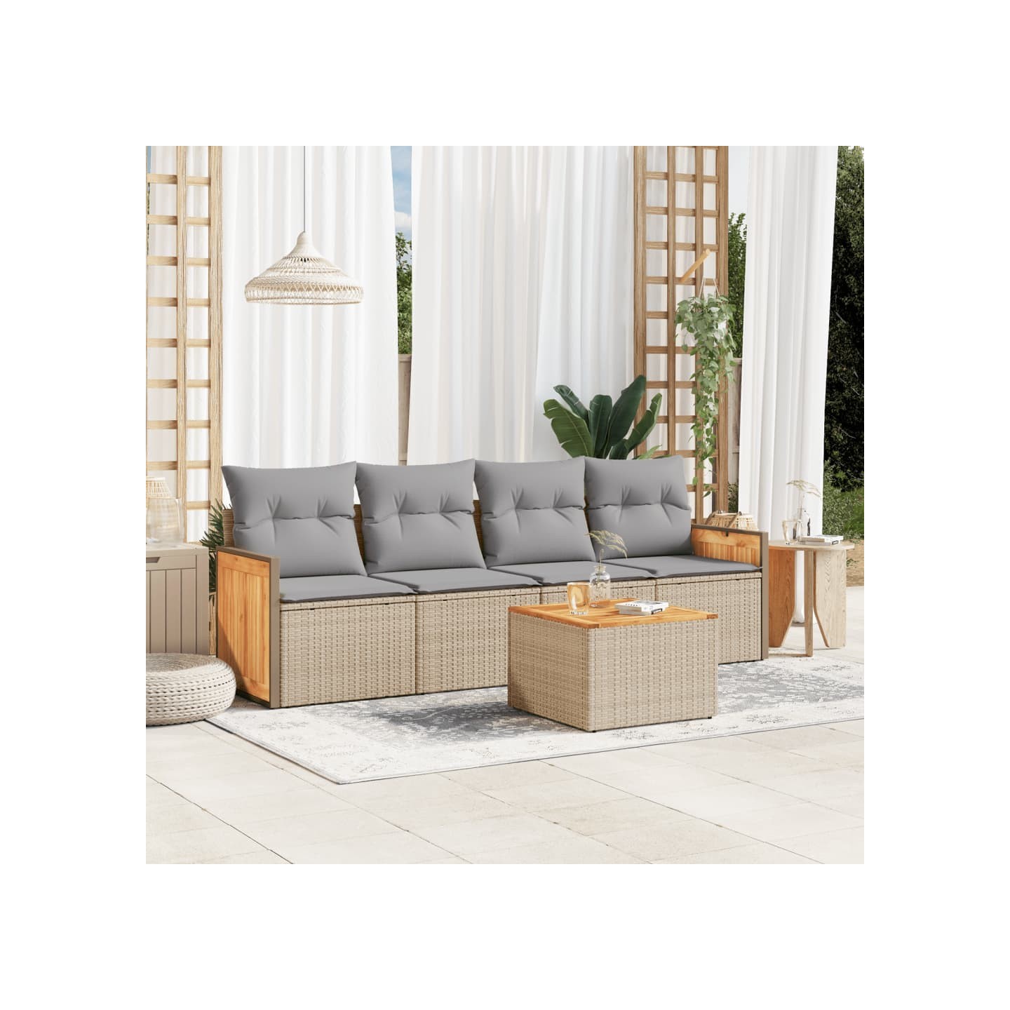 Salon de jardin avec coussins 5 pcs beige résine tressée
