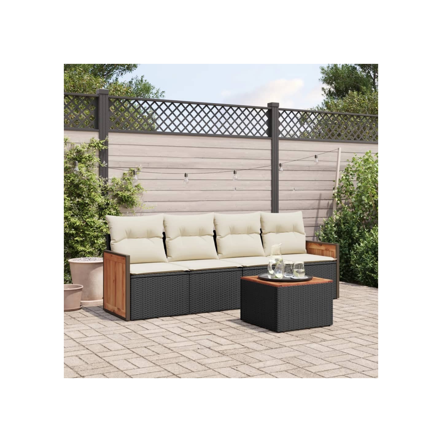 Salon de jardin 5 pcs avec coussins noir résine tressée
