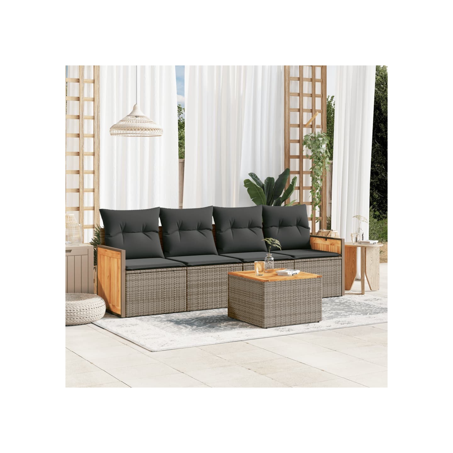 Salon de jardin 5 pcs avec coussins gris résine tressée