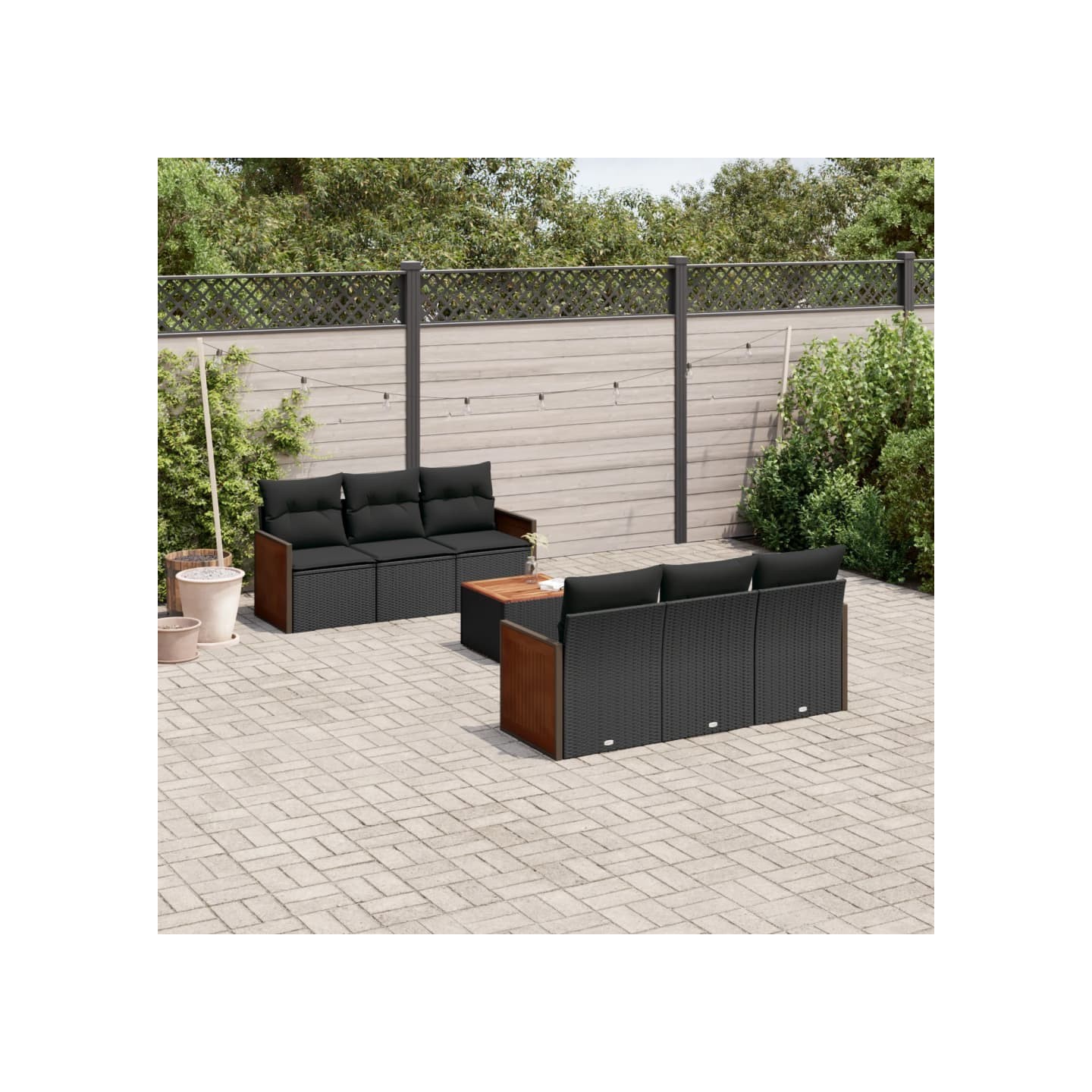 Salon de jardin 7 pcs avec coussins noir résine tressée