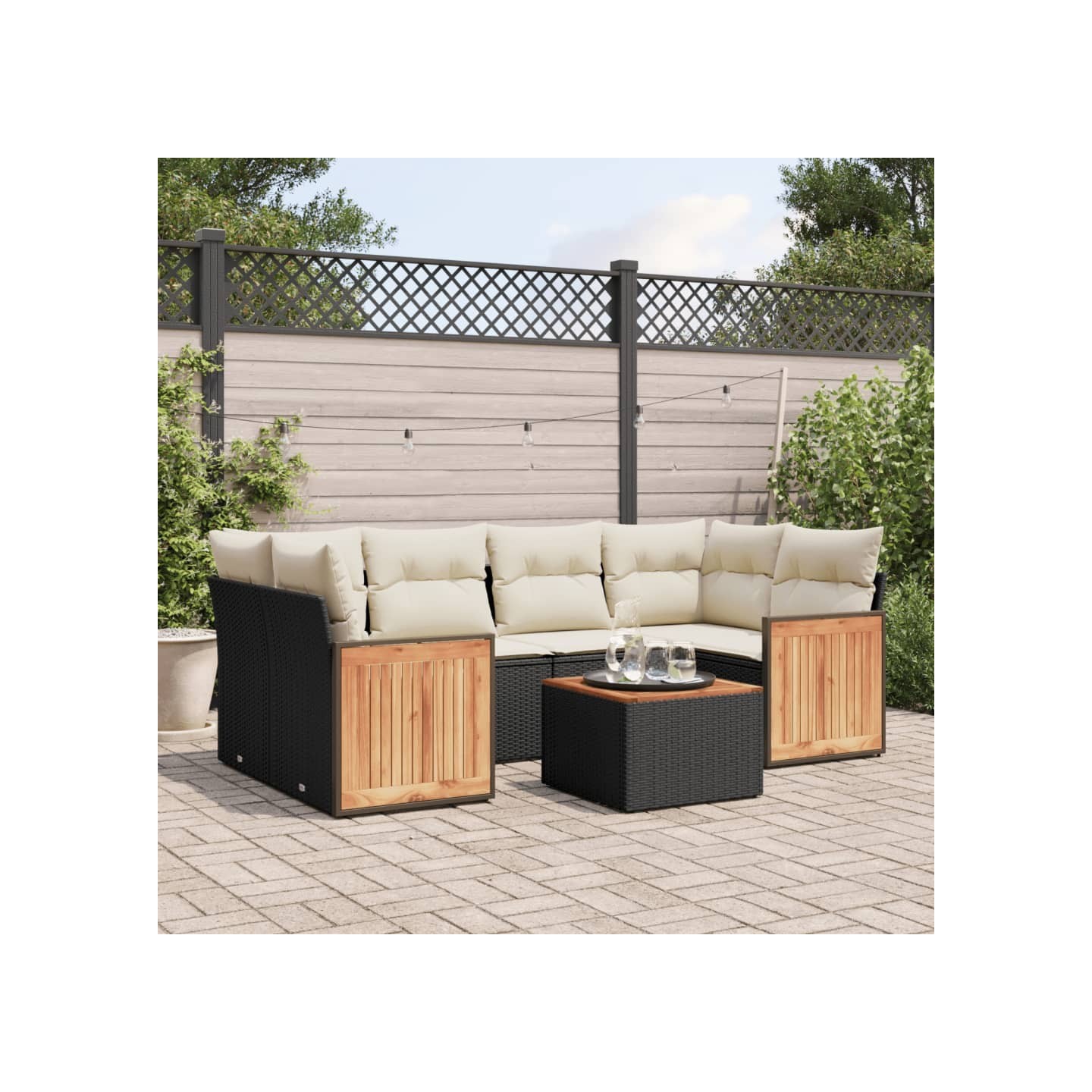 Salon de jardin 7 pcs avec coussins noir résine tressée