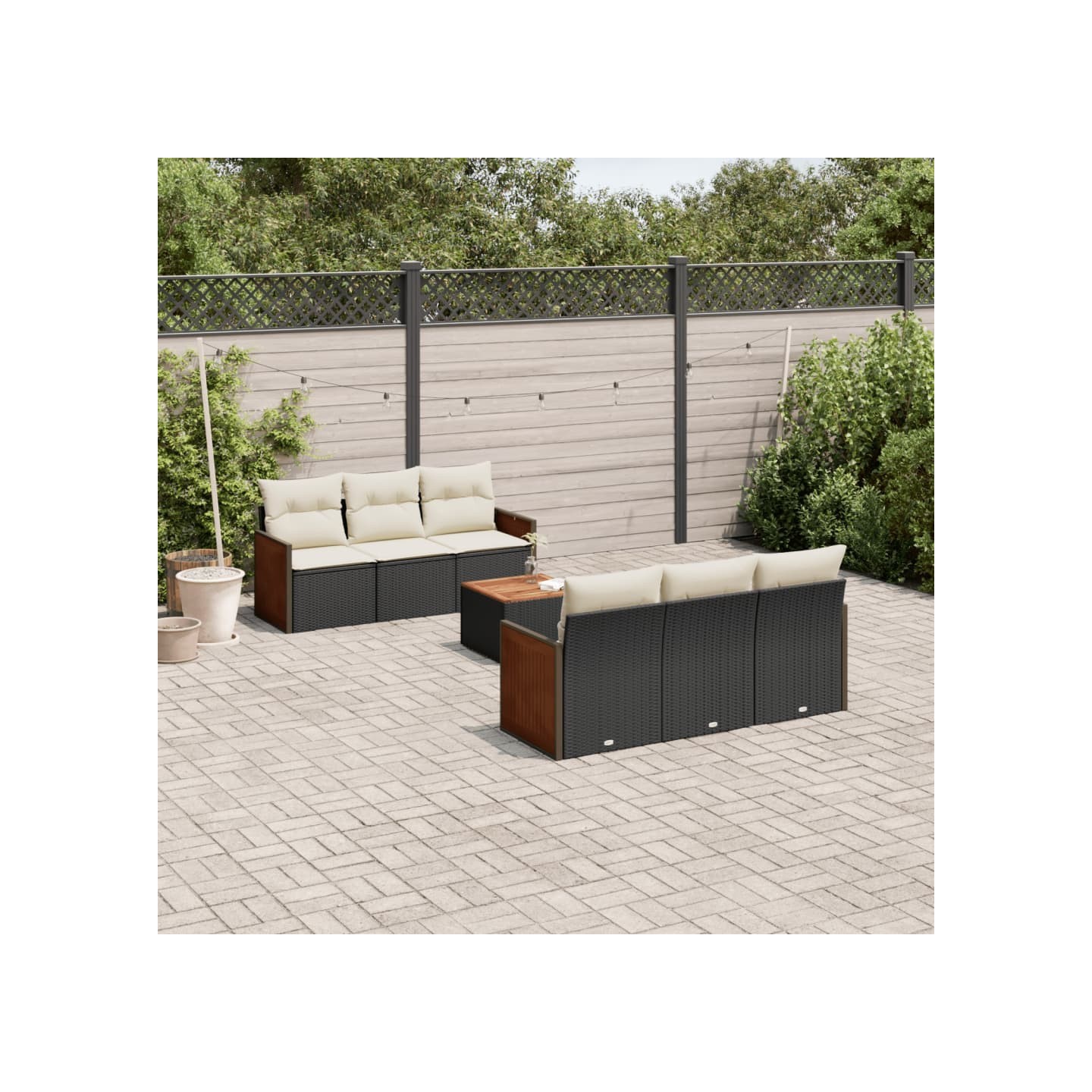 Salon de jardin 7 pcs avec coussins noir résine tressée
