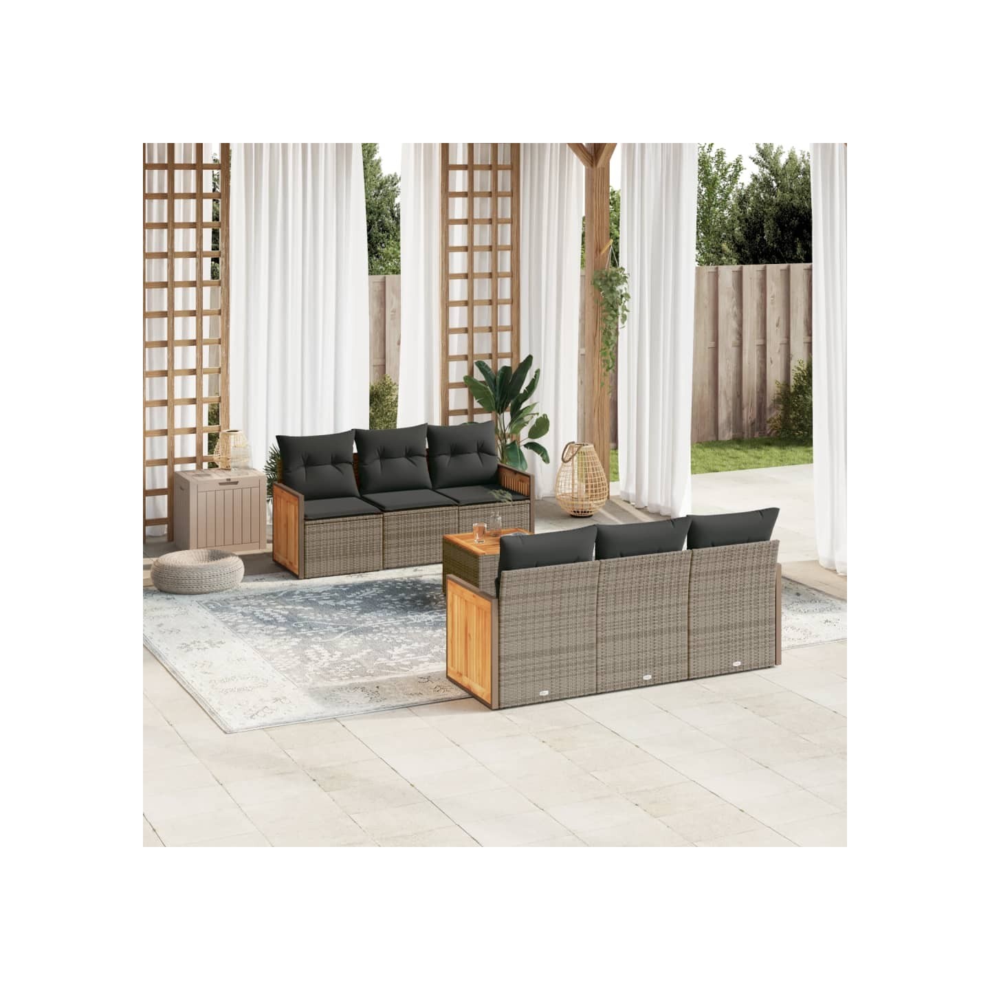 Salon de jardin avec coussins 7 pcs gris résine tressée