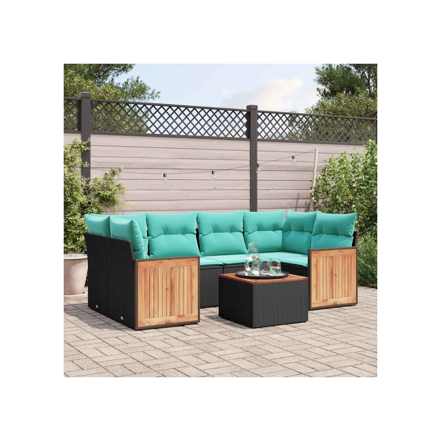 Ensemble de canapé de jardin 7 pcs avec coussins noir résine tressée