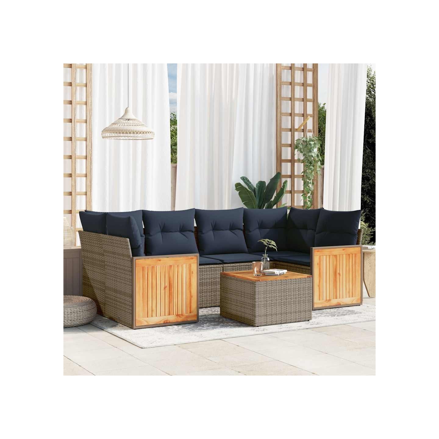 Ensemble de canapé de jardin 7 pcs avec coussins gris résine tressée