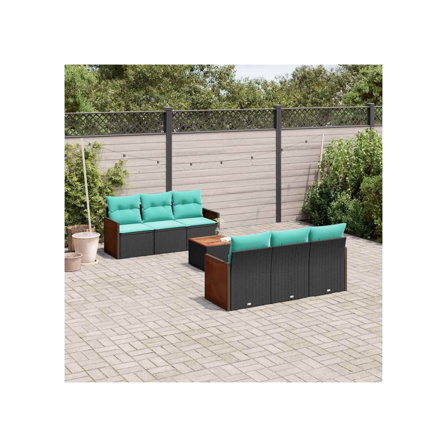 Ensemble de canapé de jardin 7 pcs avec coussins noir résine tressée