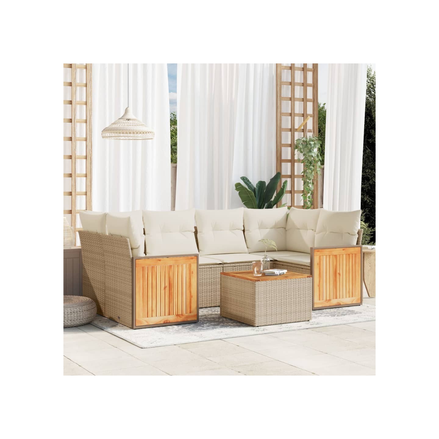 Salon de jardin avec coussins 7 pcs beige résine tressée