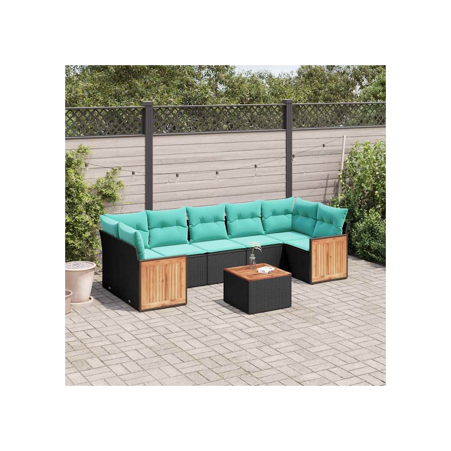 Ensemble de canapé de jardin 8 pcs avec coussins noir résine tressée