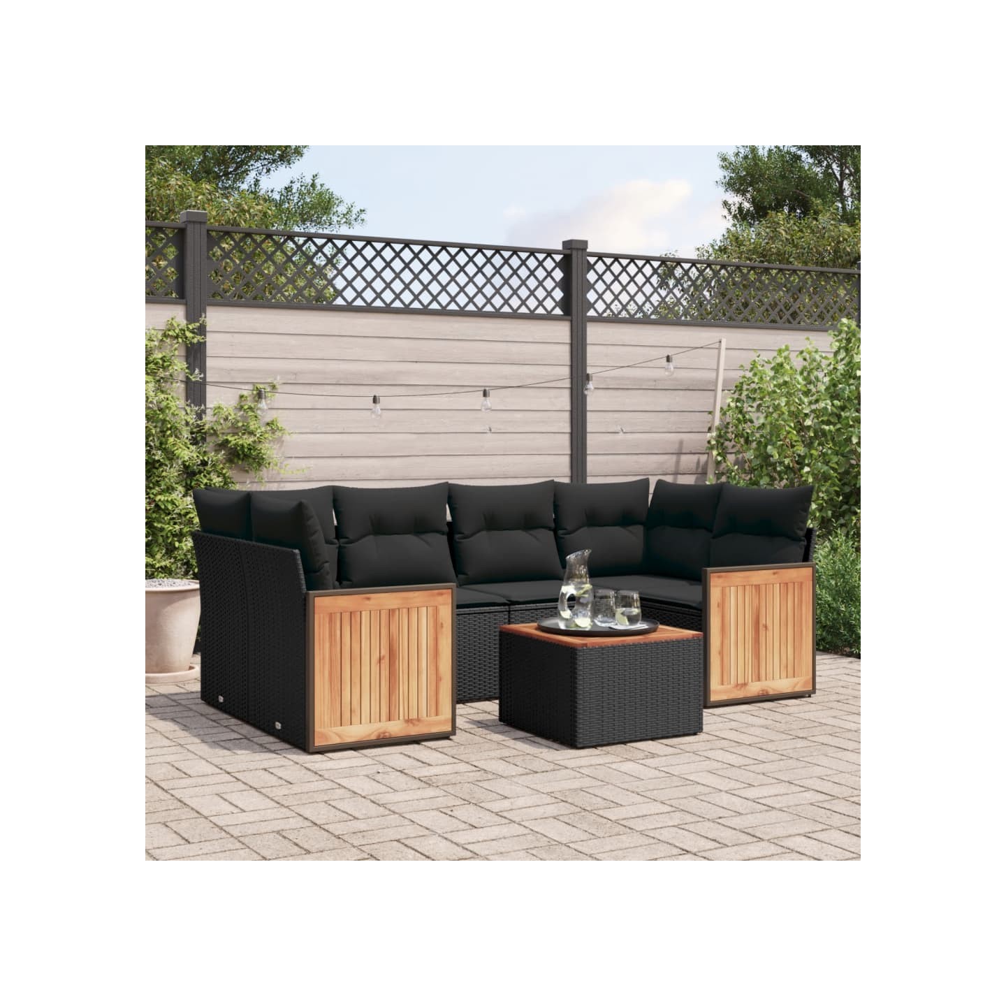 Salon de jardin 7 pcs avec coussins noir résine tressée