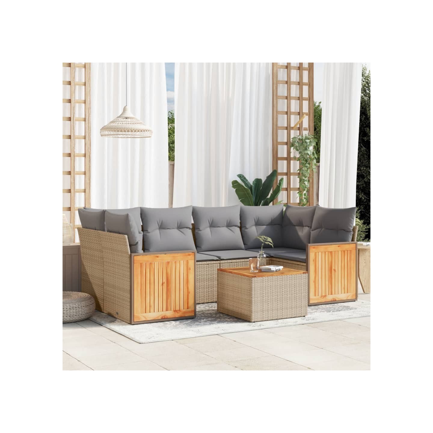 Salon de jardin avec coussins 7 pcs beige résine tressée