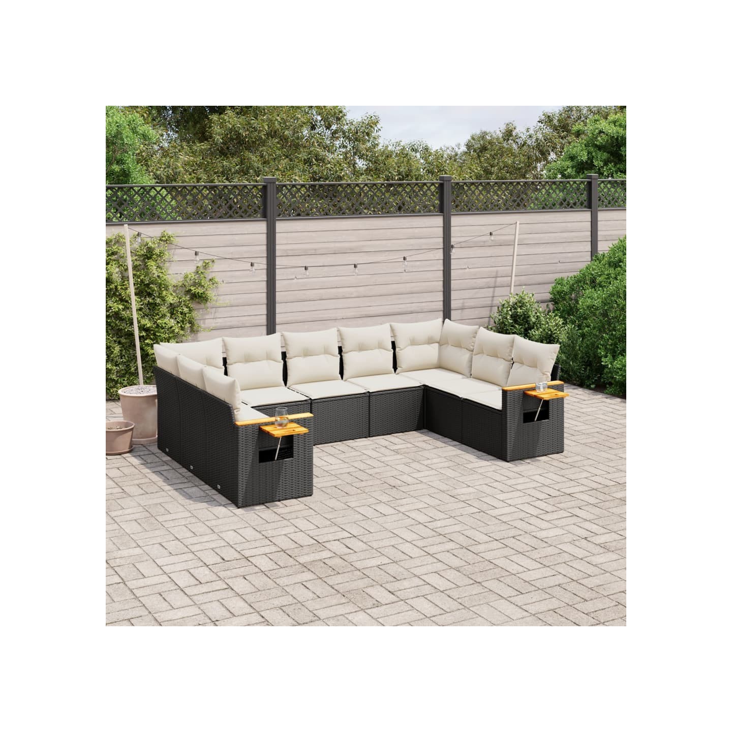 Salon de jardin 9 pcs avec coussins noir résine tressée