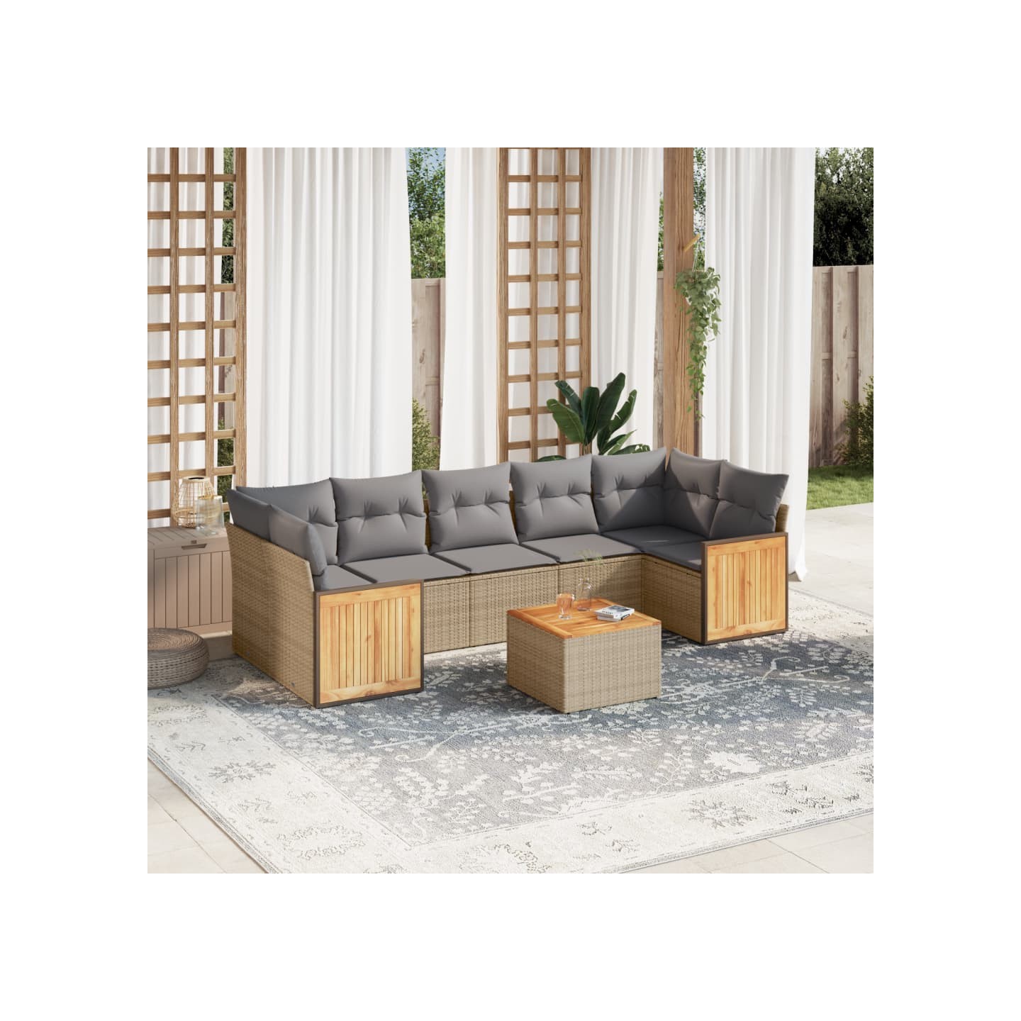 Salon de jardin avec coussins 8 pcs beige résine tressée