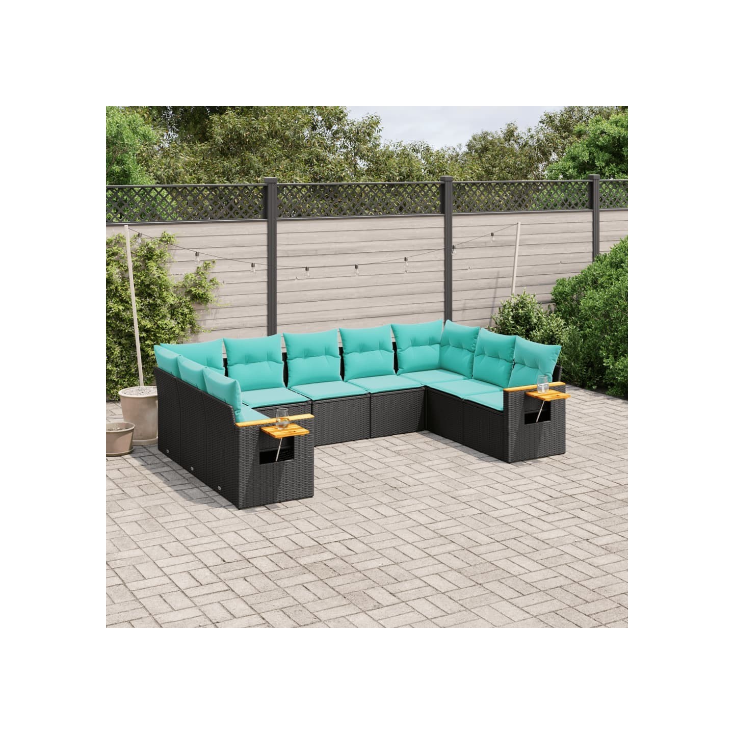 Salon de jardin 9 pcs avec coussins noir résine tressée
