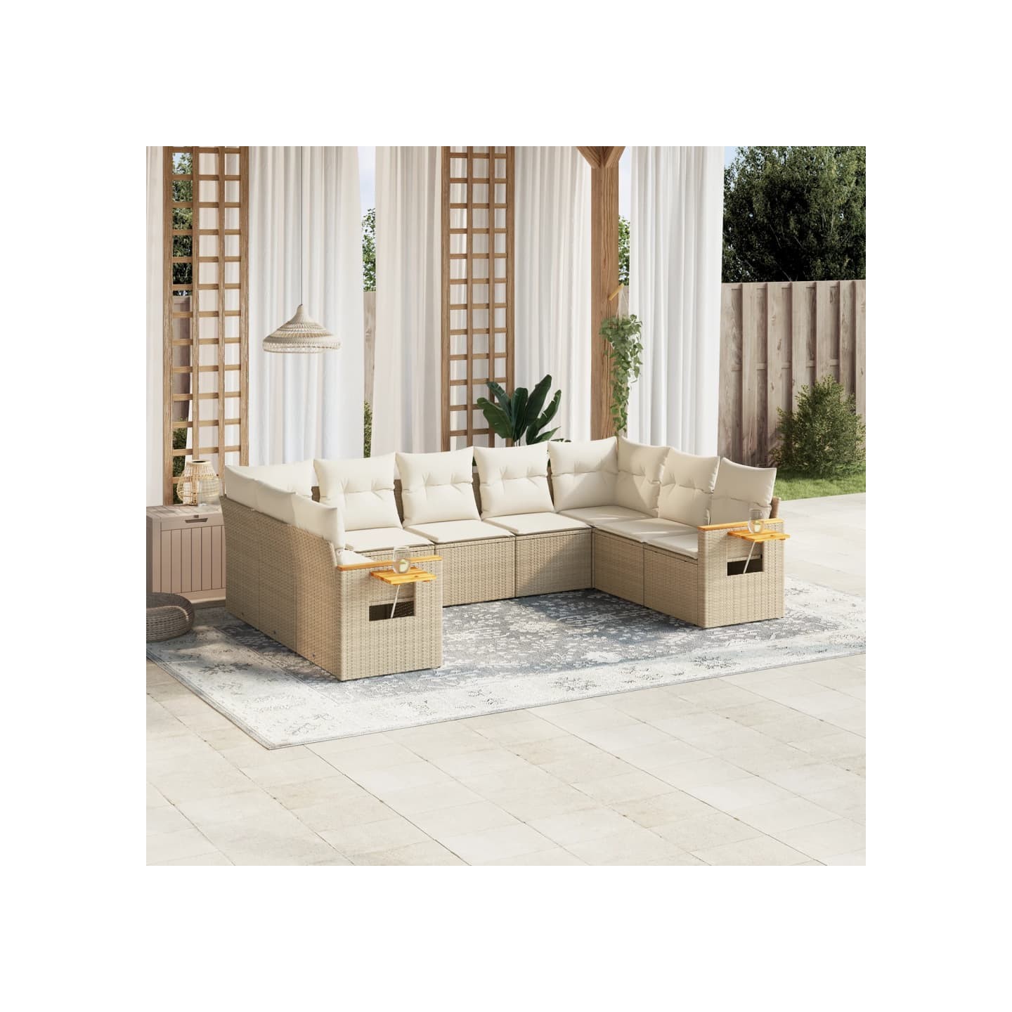 Salon de jardin avec coussins 9 pcs beige résine tressée