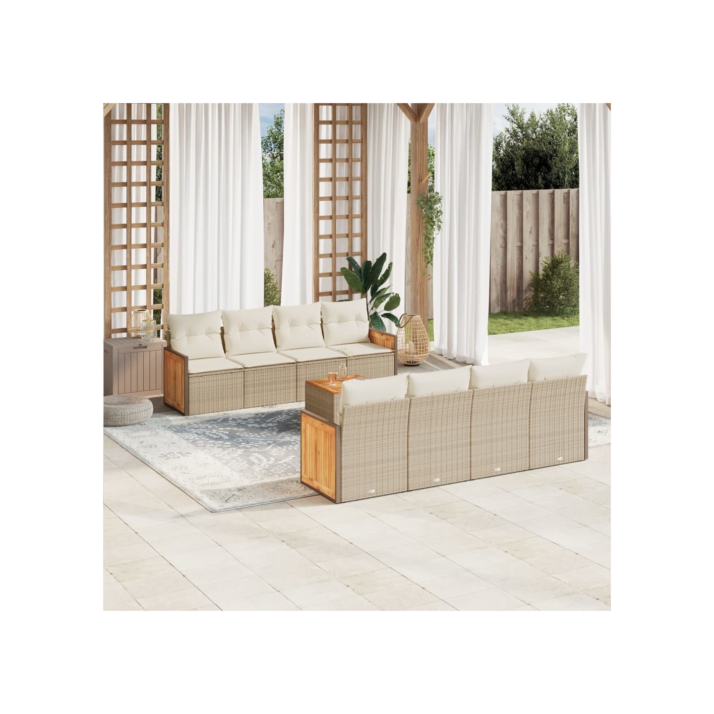 Salon de jardin avec coussins 9 pcs beige résine tressée
