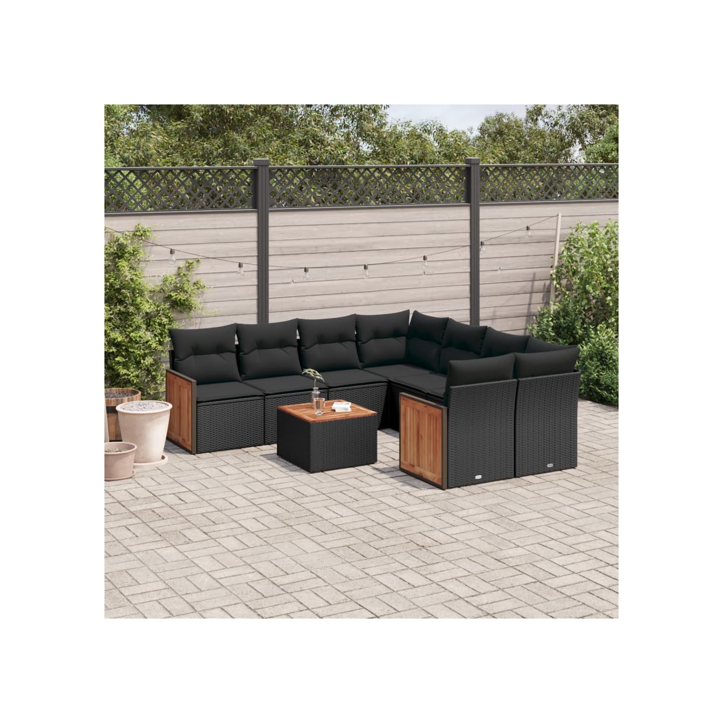 Salon de jardin 9 pcs avec coussins noir résine tressée