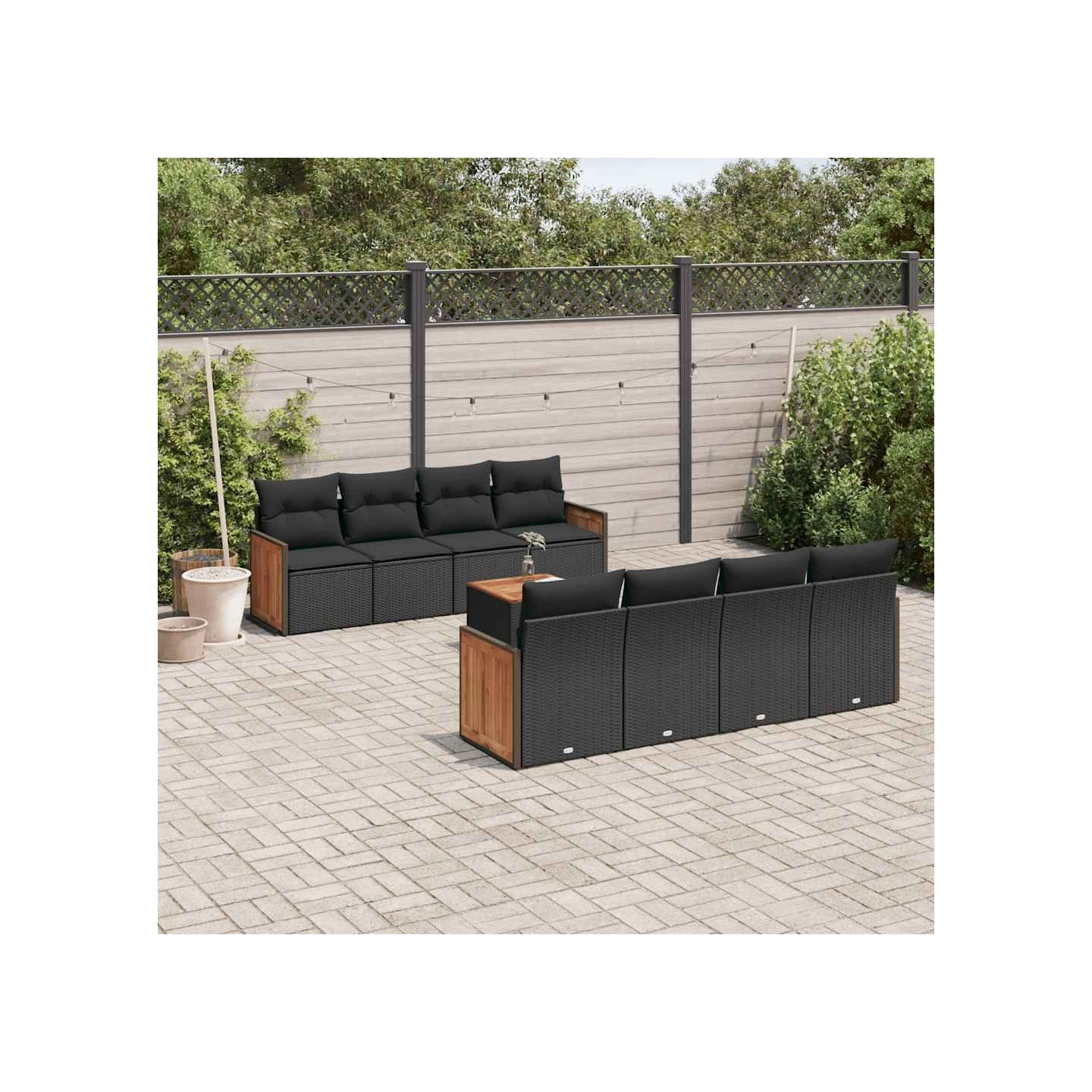Salon de jardin 9 pcs avec coussins noir résine tressée
