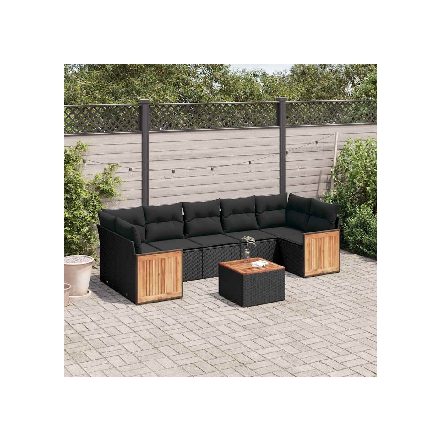 Salon de jardin 8 pcs avec coussins noir résine tressée