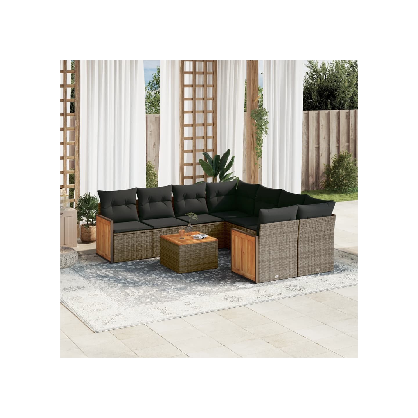 Salon de jardin 9 pcs avec coussins gris résine tressée