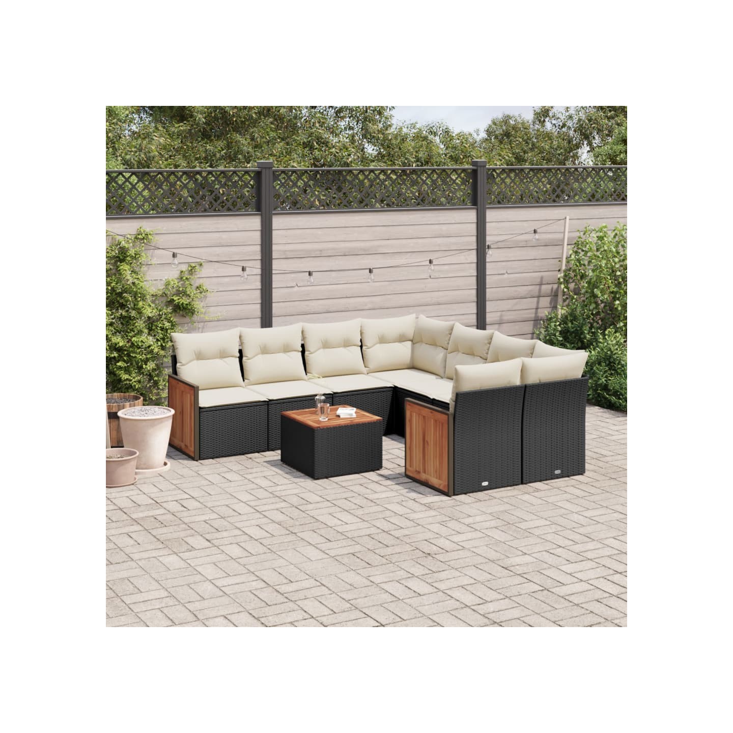 Salon de jardin 9 pcs avec coussins noir résine tressée