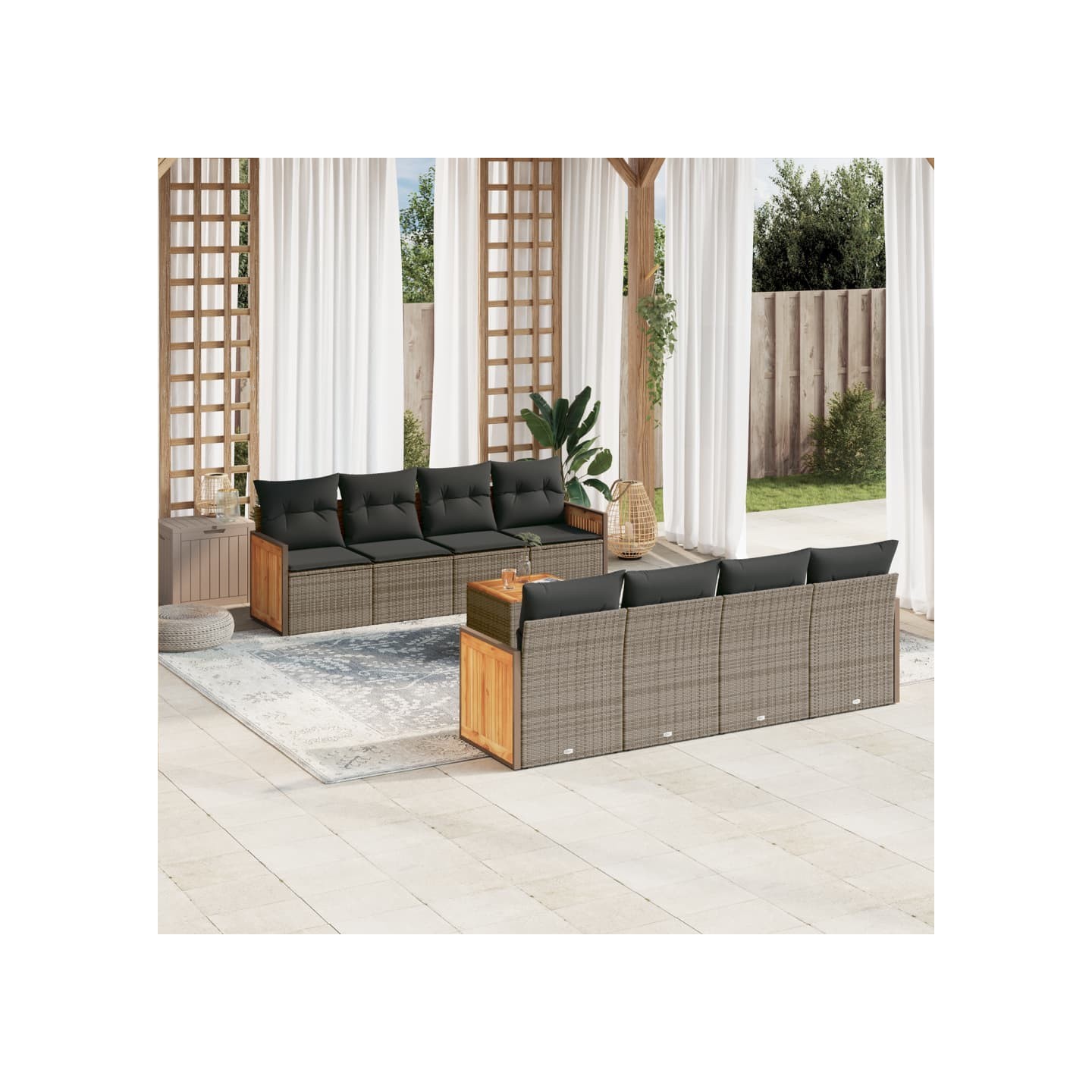 Salon de jardin 9 pcs avec coussins gris résine tressée