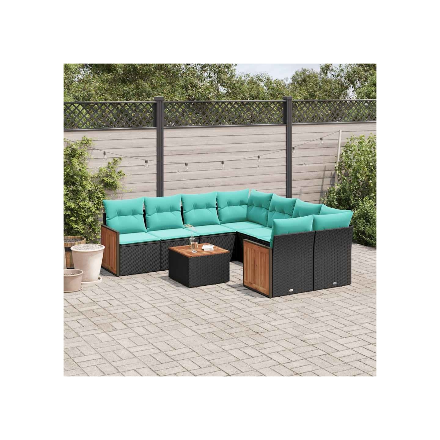 Ensemble de canapé de jardin 9 pcs avec coussins noir résine tressée