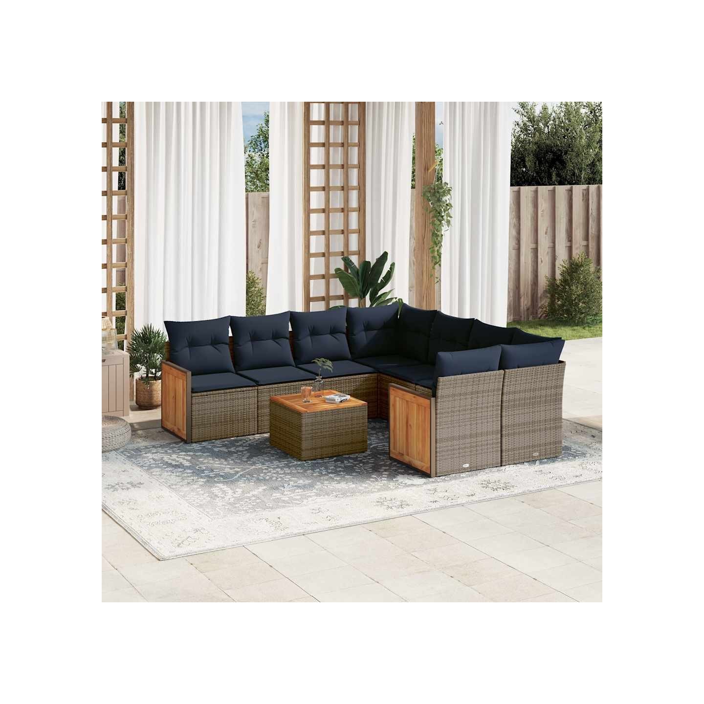Ensemble de canapé de jardin 9 pcs avec coussins gris résine tressée