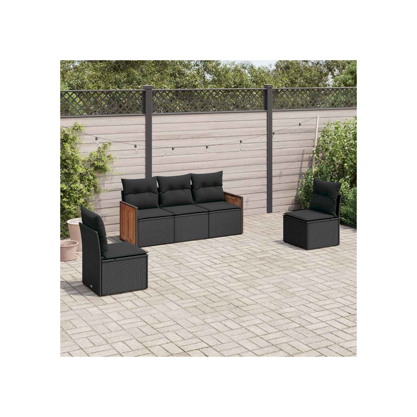 Salon de jardin 5 pcs avec coussins noir résine tressée