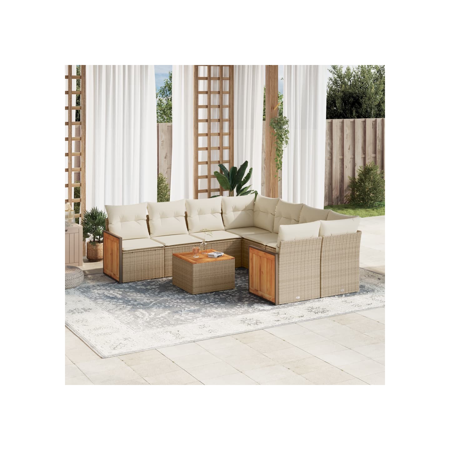 Salon de jardin avec coussins 9 pcs beige résine tressée
