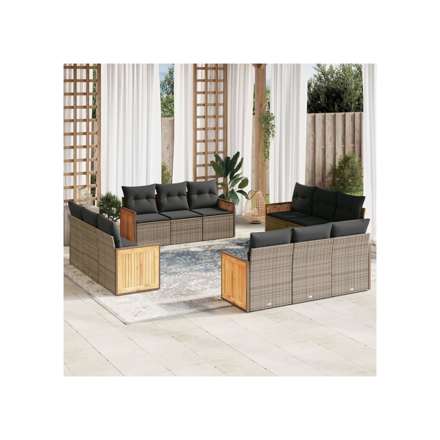 Salon de jardin avec coussins 12 pcs gris résine tressée