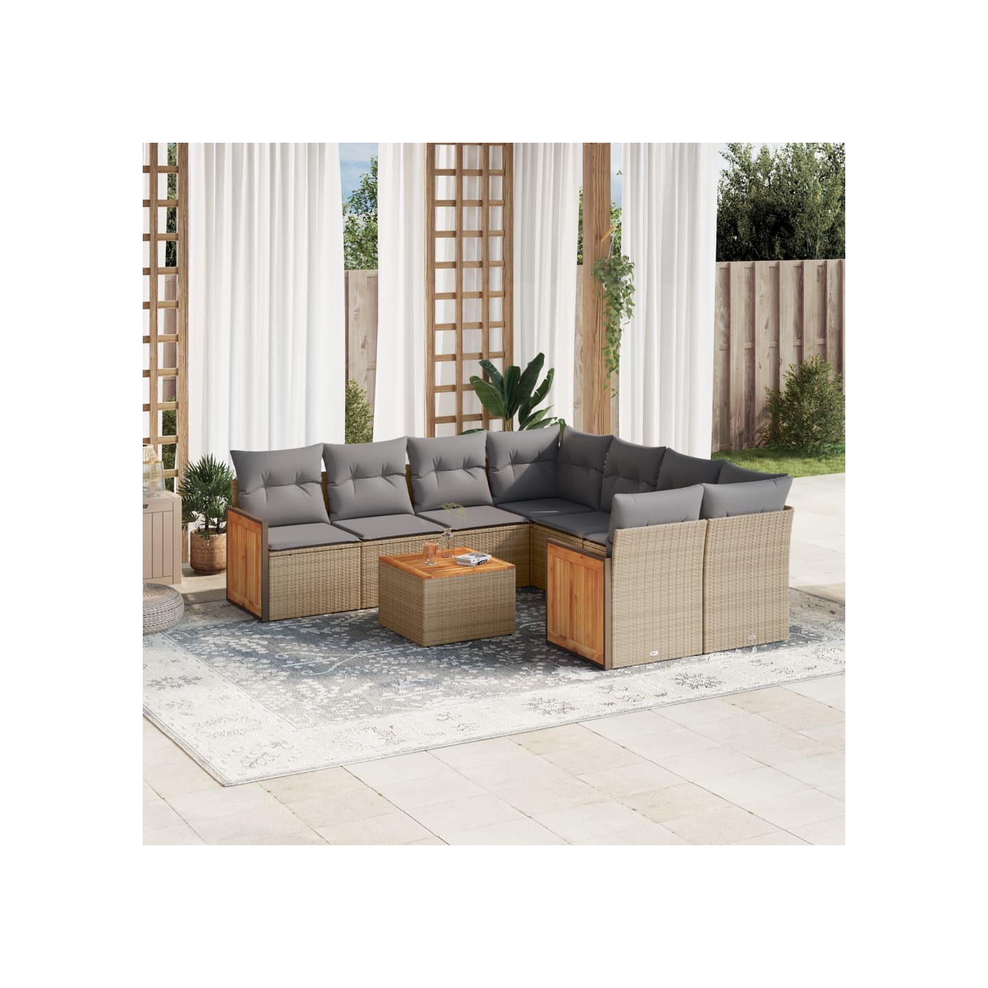 Salon de jardin avec coussins 9 pcs beige résine tressée