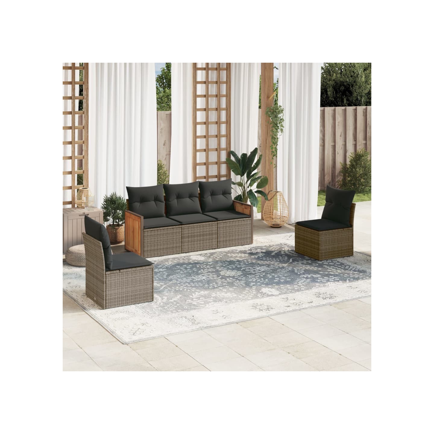 Salon de jardin 5 pcs avec coussins gris résine tressée