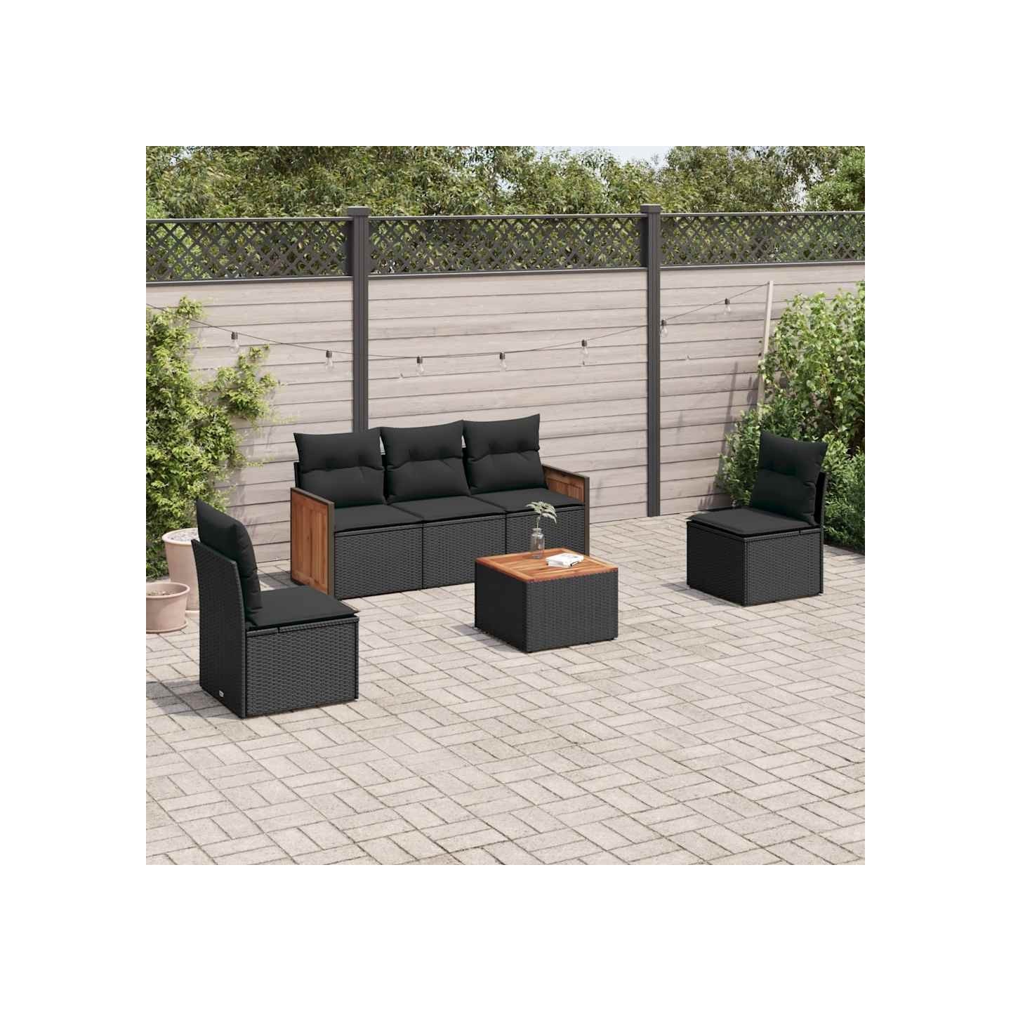 Salon de jardin 6 pcs avec coussins noir résine tressée