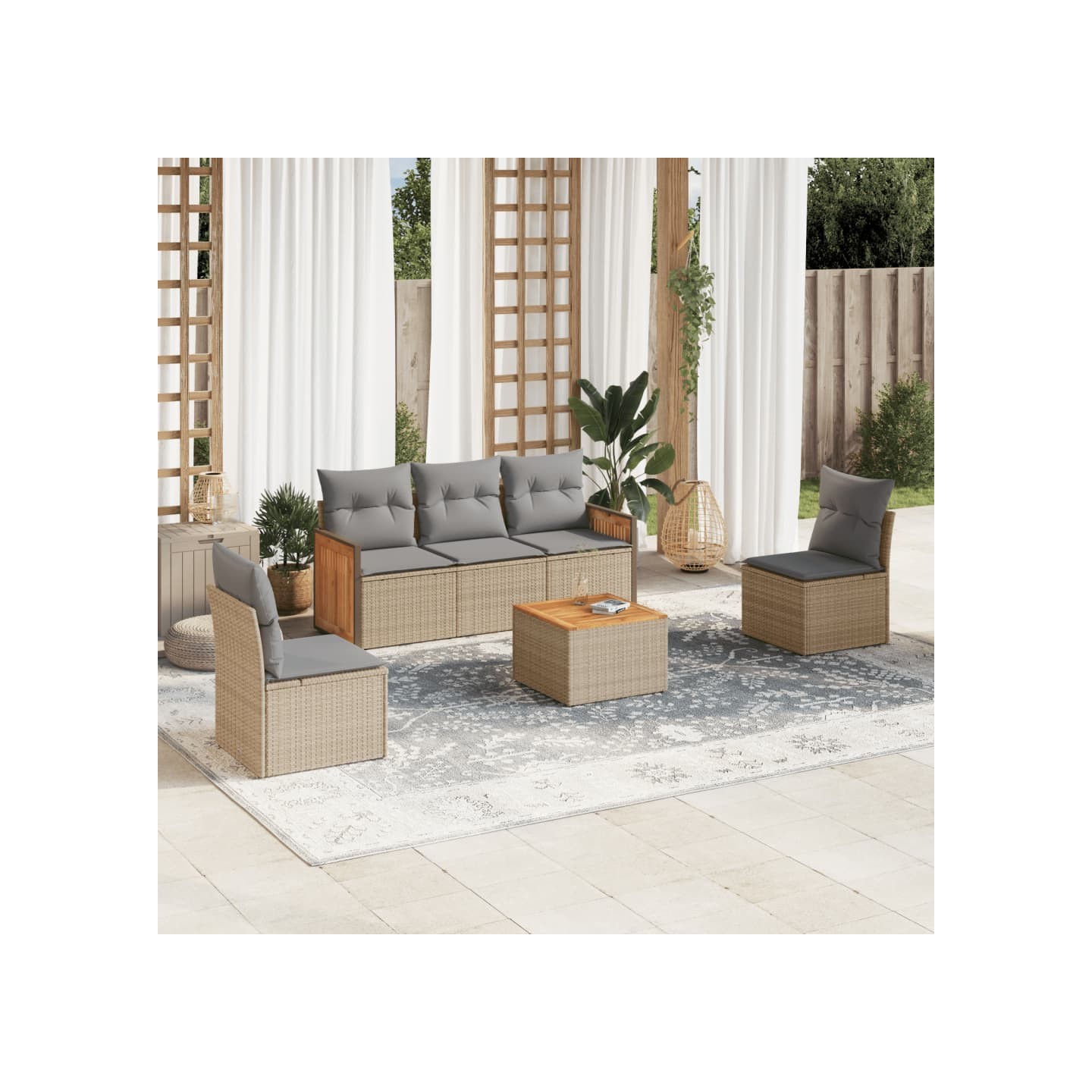 Salon de jardin avec coussins 6 pcs beige résine tressée