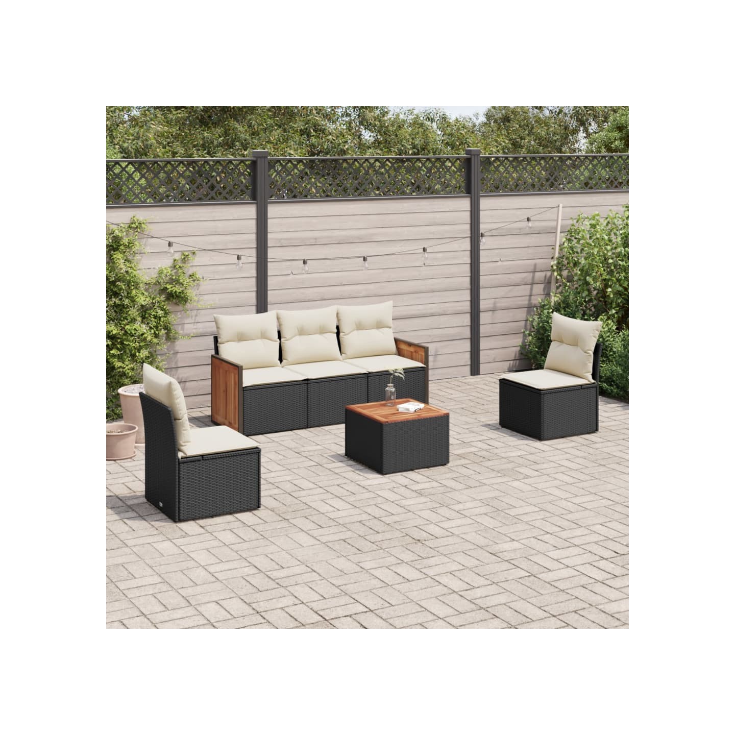 Salon de jardin 6 pcs avec coussins noir résine tressée