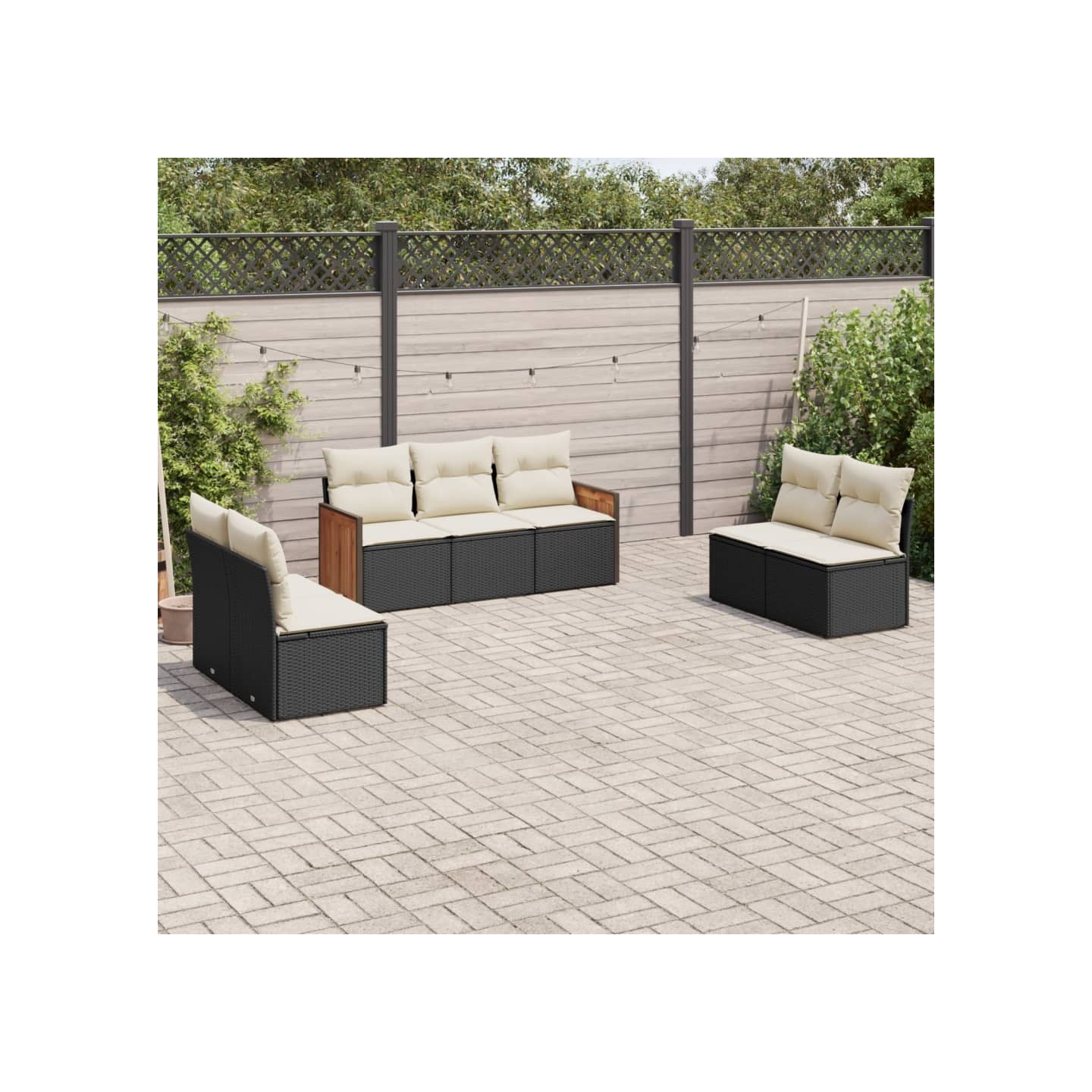 Salon de jardin 7 pcs avec coussins noir résine tressée