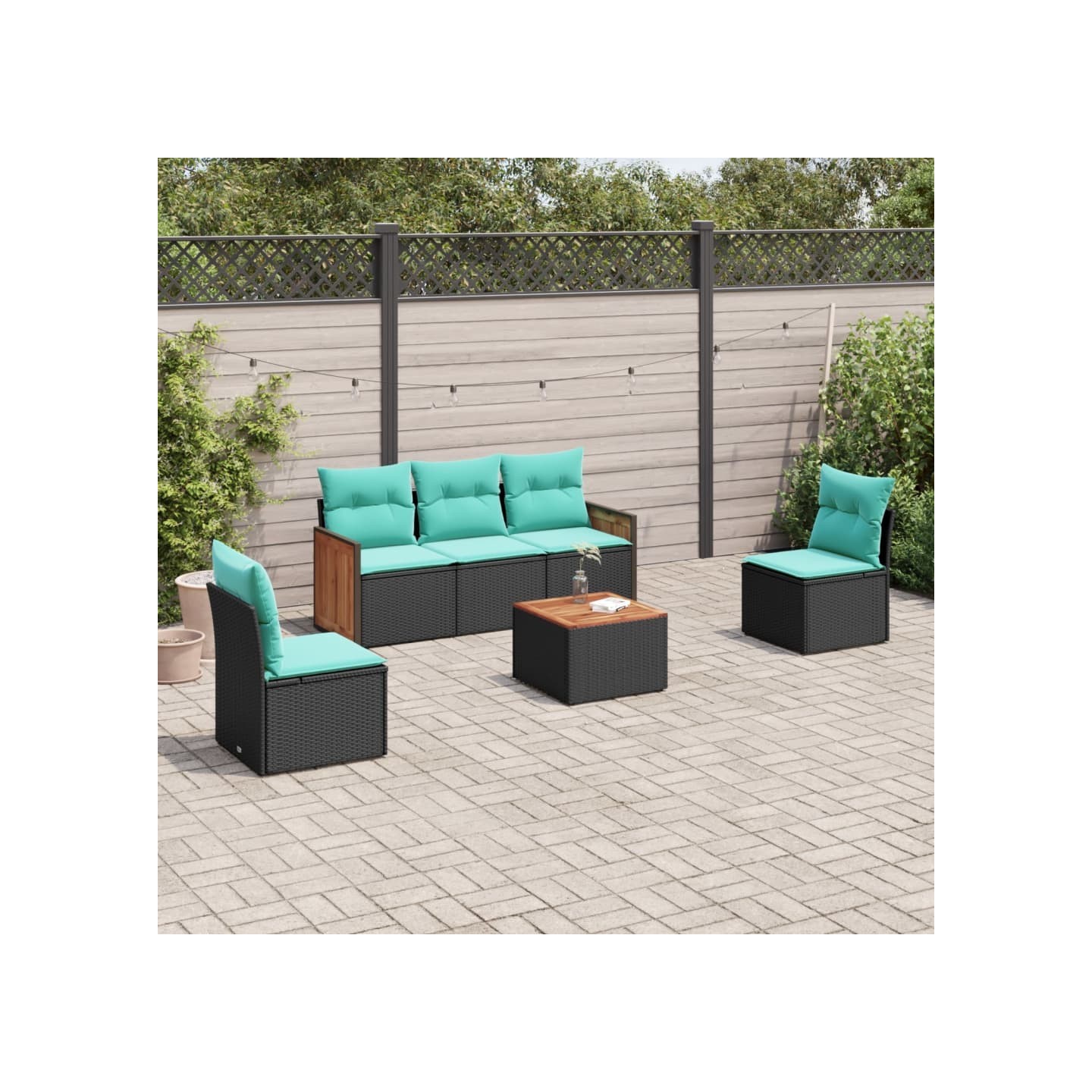 Ensemble de canapé de jardin 6 pcs avec coussins noir résine tressée