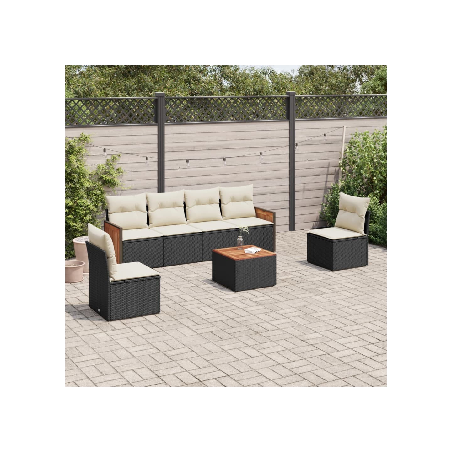 Salon de jardin 7 pcs avec coussins noir résine tressée