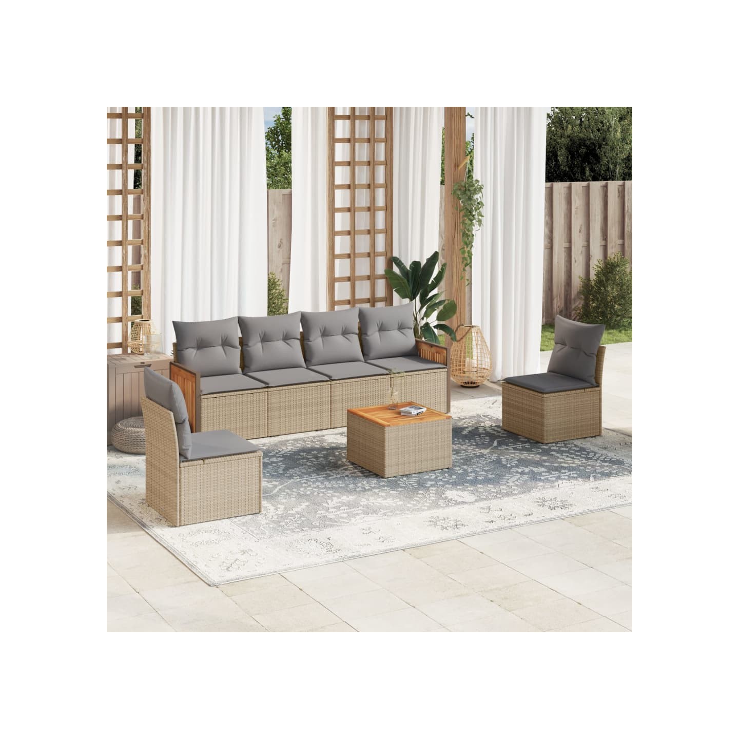 Salon de jardin avec coussins 7 pcs beige résine tressée