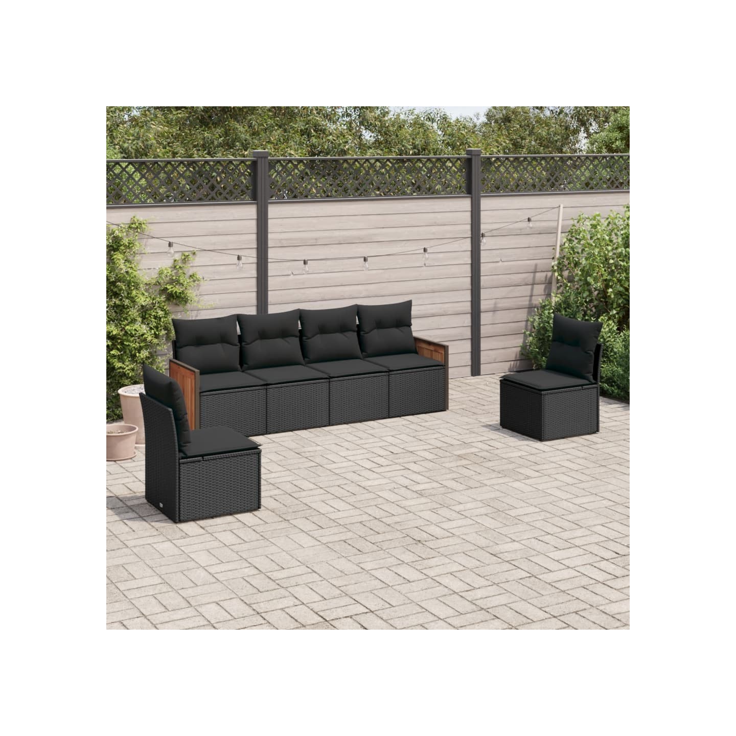 Salon de jardin 6 pcs avec coussins noir résine tressée
