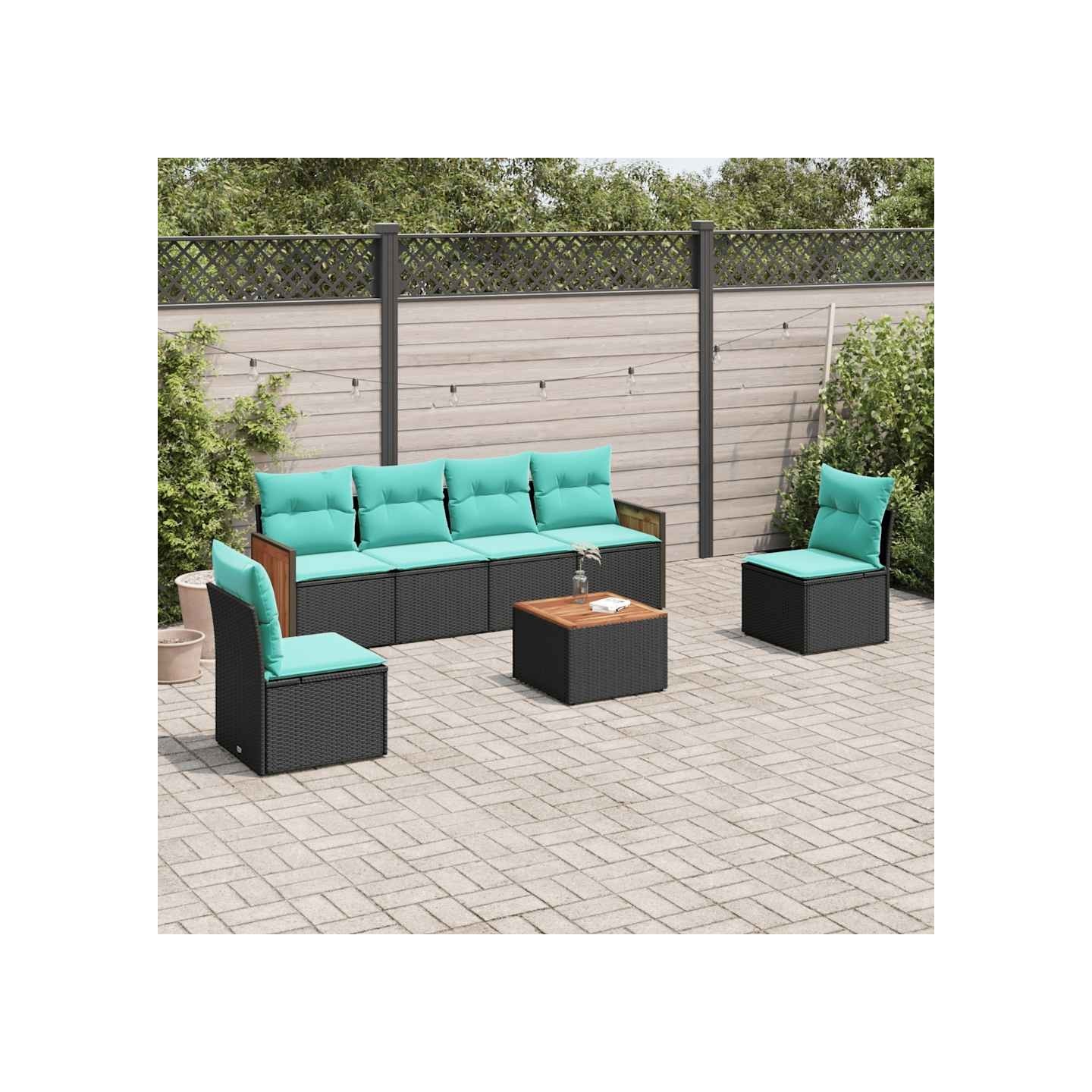 Ensemble de canapé de jardin 7 pcs avec coussins noir résine tressée