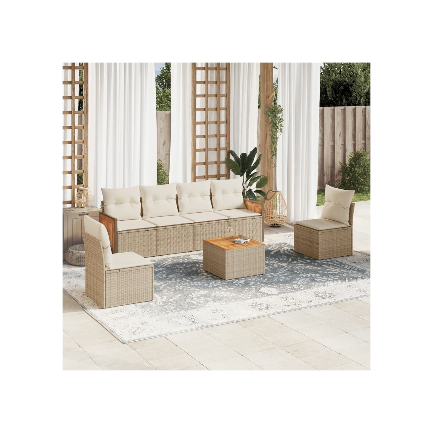 Salon de jardin avec coussins 7 pcs beige résine tressée