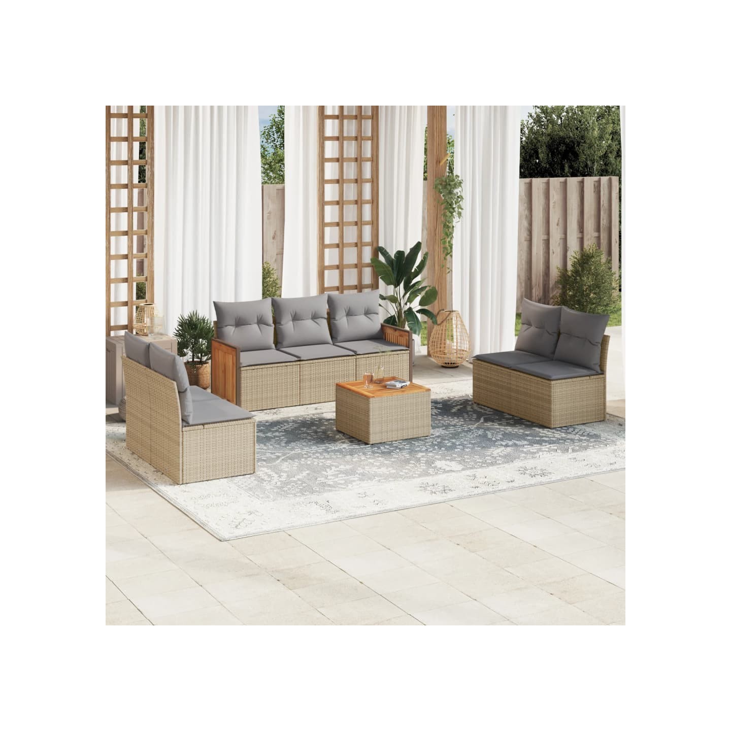 Salon de jardin avec coussins 8 pcs beige résine tressée