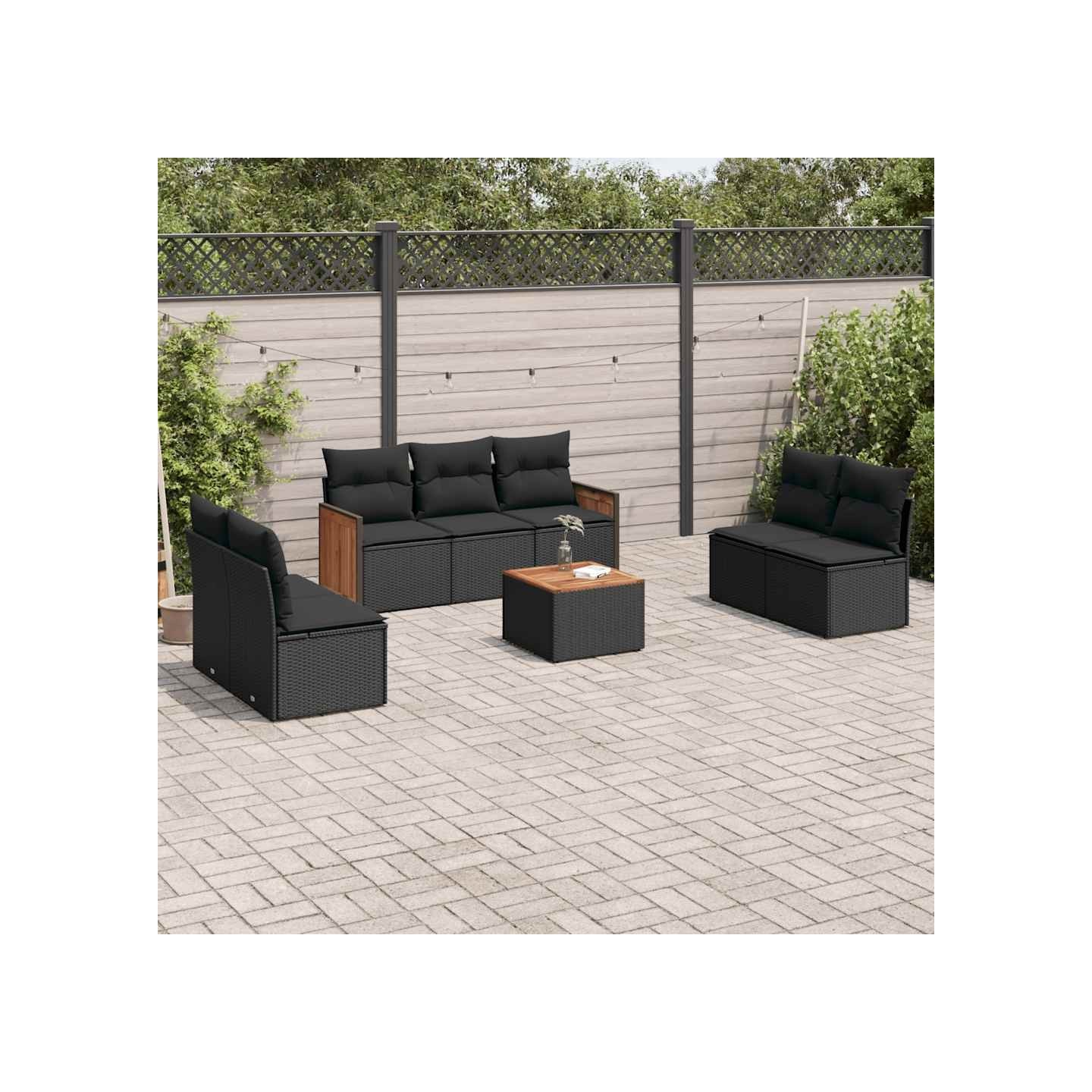 Salon de jardin 8 pcs avec coussins noir résine tressée