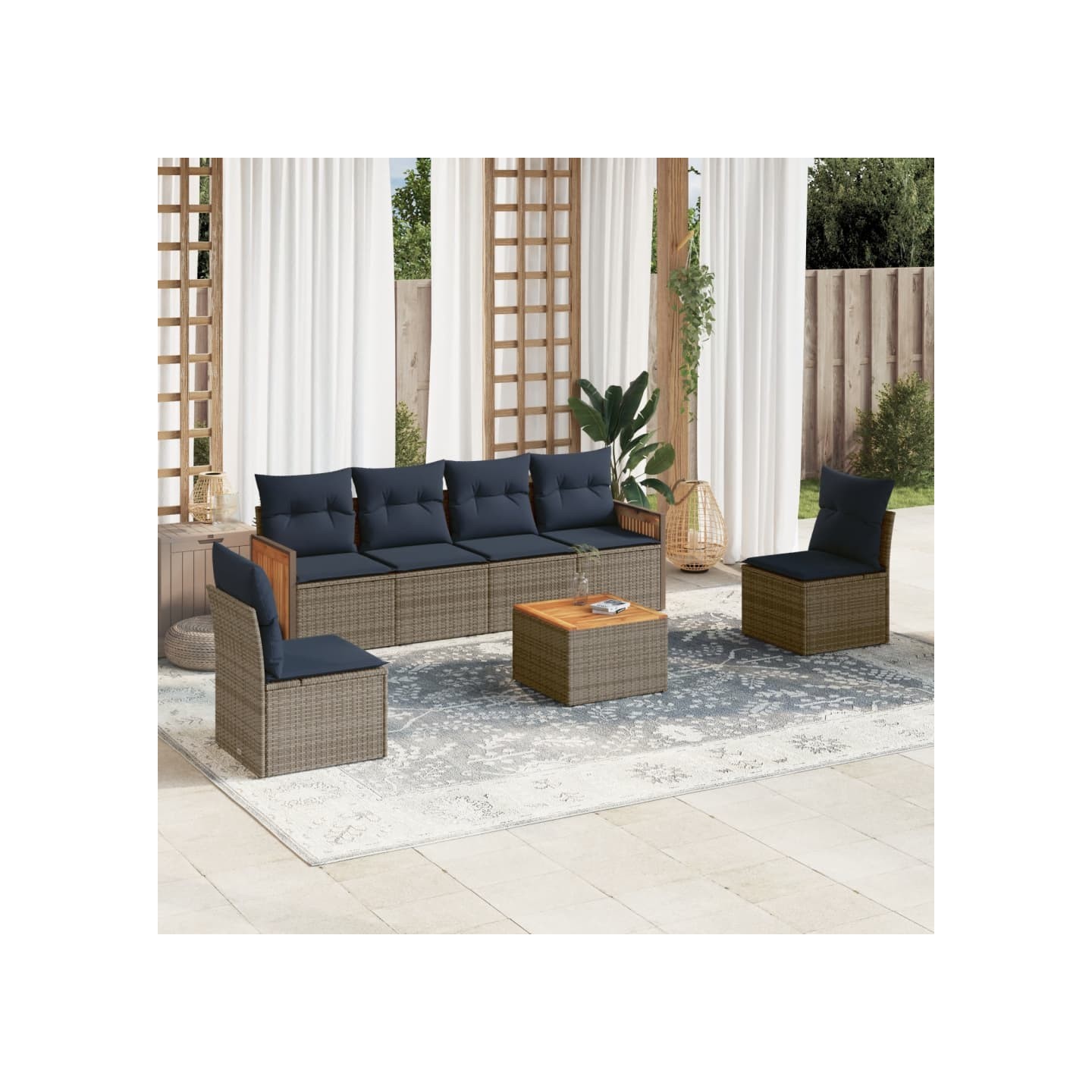Ensemble de canapé de jardin 7 pcs avec coussins gris résine tressée