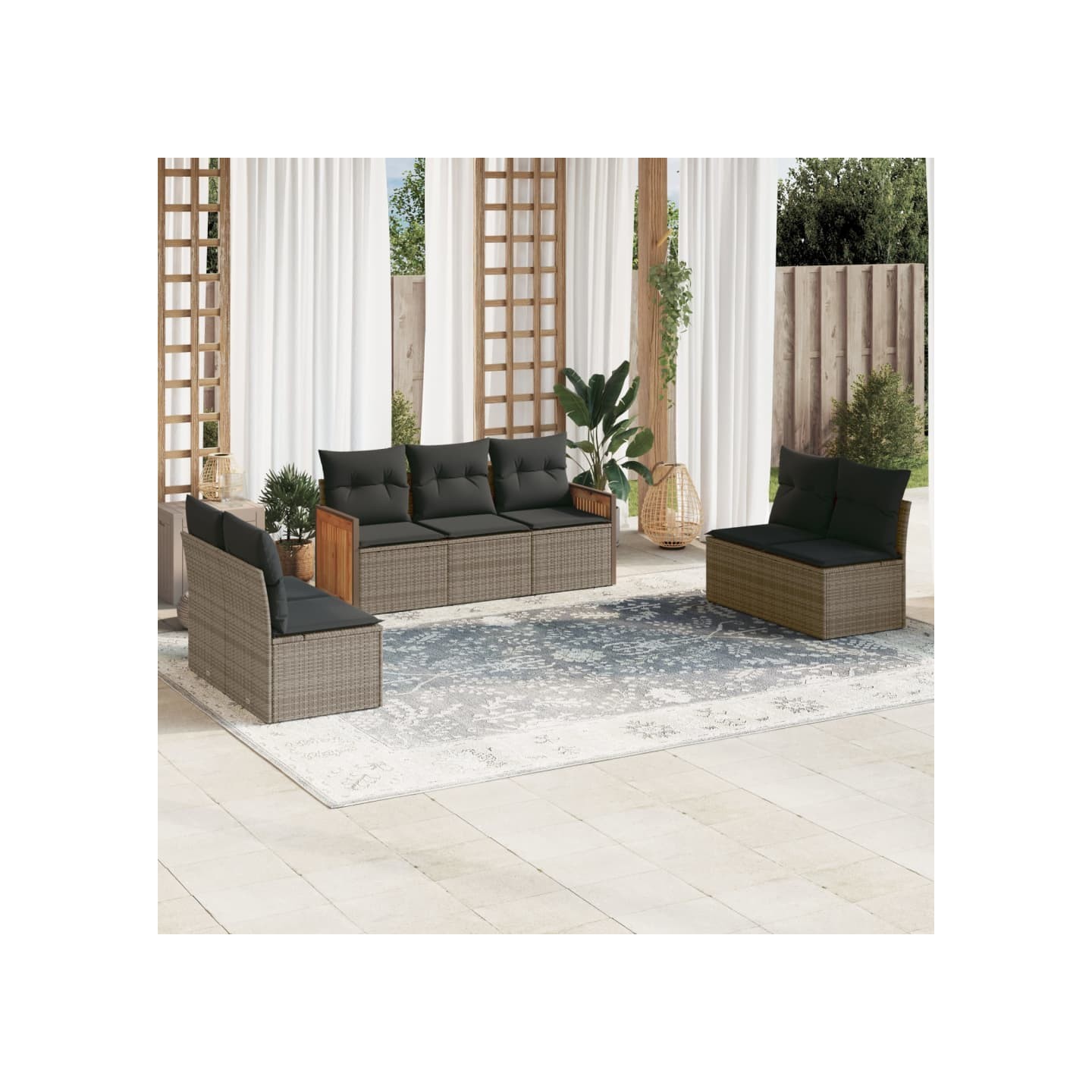 Salon de jardin avec coussins 7 pcs gris résine tressée
