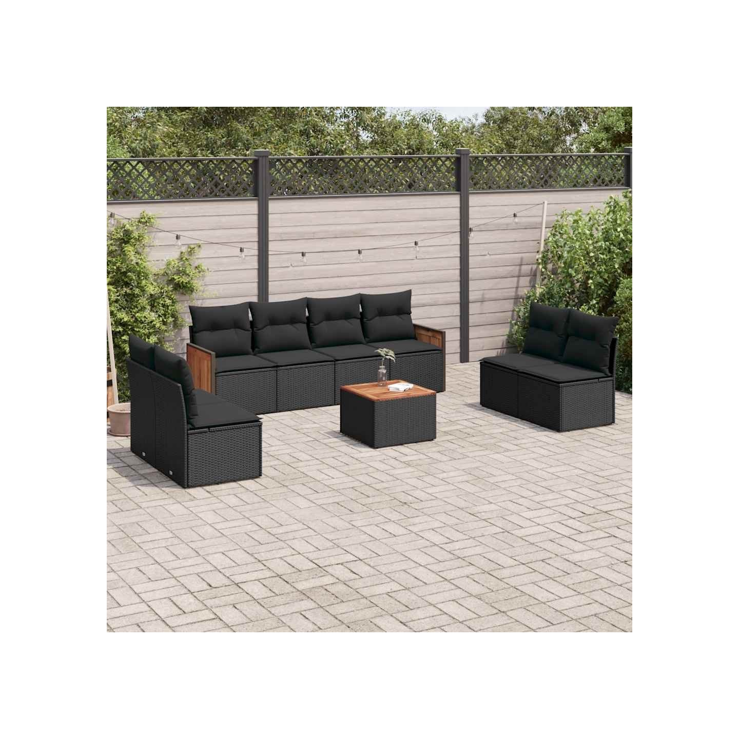 Salon de jardin 9 pcs avec coussins noir résine tressée